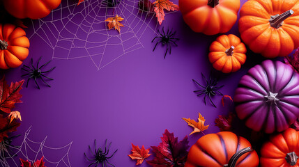 Vibrant Halloween scene with colorful pumpkins, autumn leaves, and spider webs against a rich purple backdrop