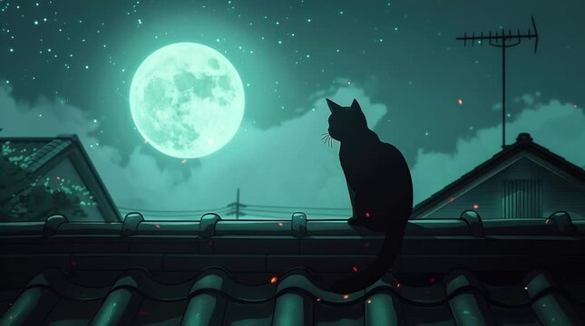 Cat on a Rooftop Gazing at the Full Moon on a Starry Night.
  Seamless looping 4k time-lapse virtual video animation Generated AI