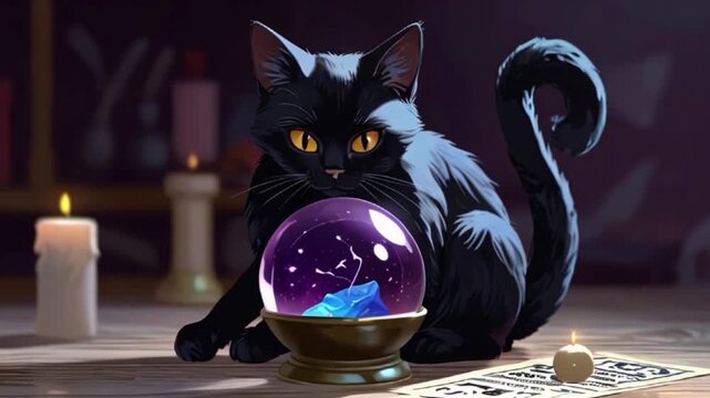 black cat with crystal fortune telling ball video , AI generated