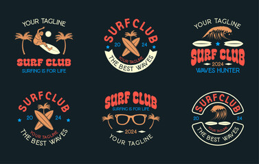 Vintage Surf club vector logo bundle. Set of retro surfing emblems. Vector illustration set of logos on surfing theme. Surf club logo templates. Surfing logo vector for t-shirt design