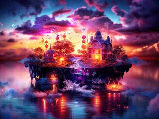 Fototapeta premium Surreal imagery of a whimsical landscape with floating objects and dreamlike elements, Surrealism, Mixed hues, Illustration