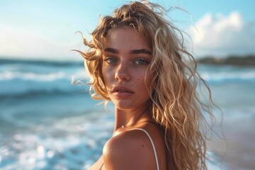 Naklejka premium Sensual Photoshoot Captures Blond Woman's Beauty in Paradise Beach