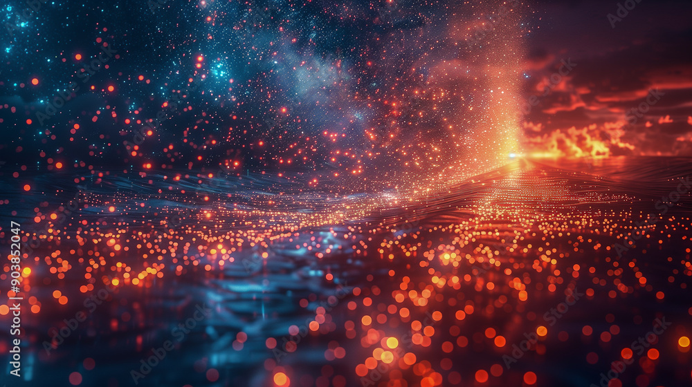 Poster mesmerizing digital sunset with glowing particles..