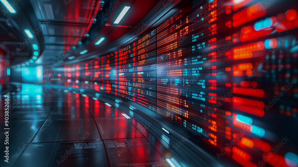 Poster futuristic data corridor with red and blue displays..