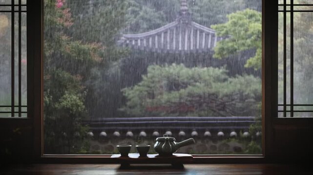 Rainy emotional scenery seen from the Daecheongmaru of a Korean Hanok, traditional tea and tea set, and relaxing rain sound ASMR
