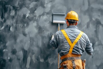 Building contractor painting grey wall with roller brush, copy space text. Construction worker renovating house , ai