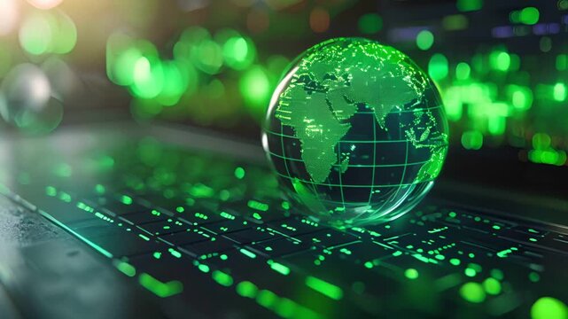 A glass globe sits on a laptop with a green screen, surrounded by lush greenery, symbolizing sustainable technology and environmental consciousness.