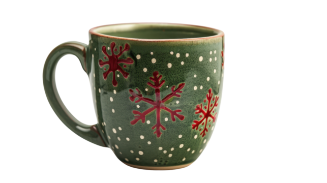 Green mug with red snowflakes on transparent background