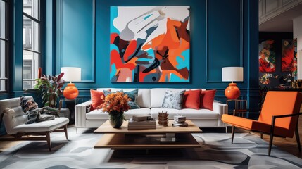 vibrant modern living room interior with white walls