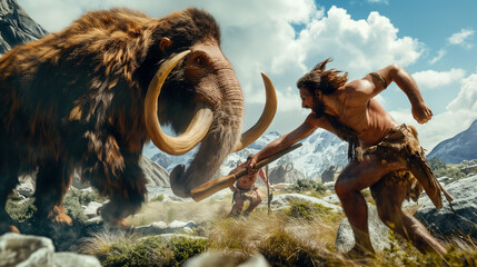 Illustration of neanderthal hunting a mammoth in a mountainous landscape.