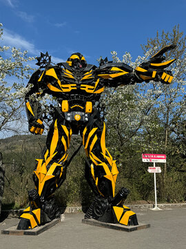 Chongqing, China - March 29 2024:  Bumblebee Robot Model of the movie "Transformers" is on display in Wulong Karst National Geology Park in Chongqing, China.