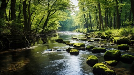 Obraz premium Serene Forest Stream with Mossy Rocks