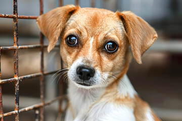 Sad small brown white puppy in animal shelter behind bars in a cage, waiting for adoption and a loving home