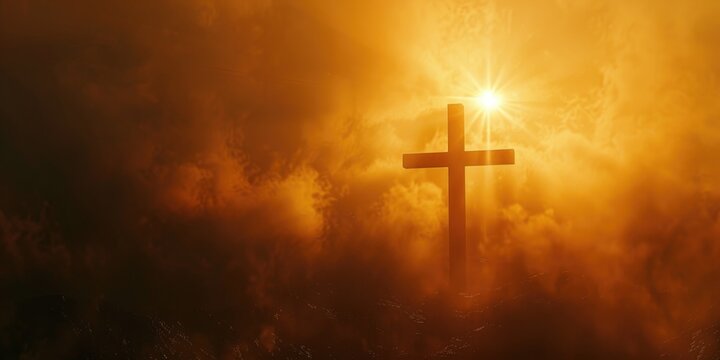 A cross stands tall in the middle of a field as the sun sets behind it, casting a warm orange glow