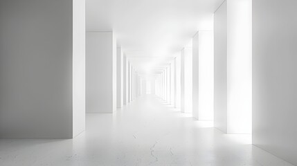 Long, white minimalist hallway with symmetrical pillars, smooth surfaces, bright lighting, and a distant vanishing point, creating an ethereal, infinite look.