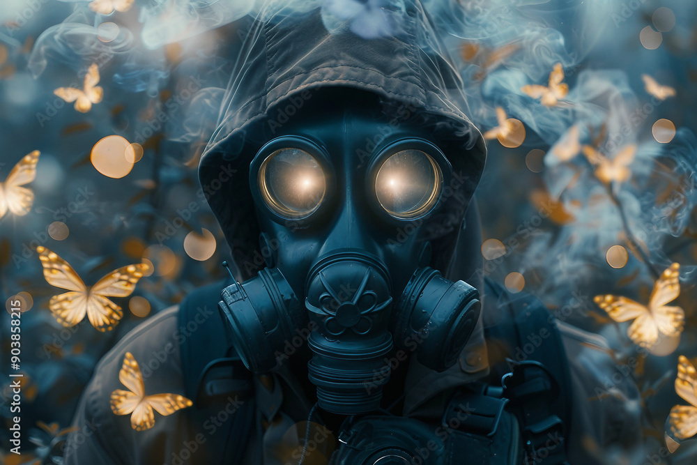 Wall mural Apocalypse disaster person in protective gas mask generative Ai concept