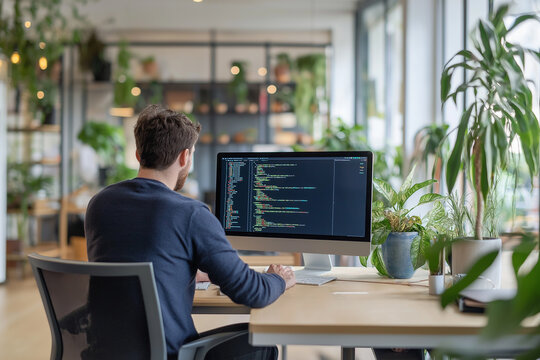 A software developer coding in a minimalist, open-plan office