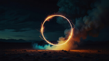 A fantastic landscape with a neon circle. Dark background.
