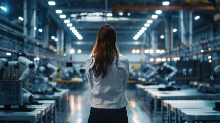 Fototapeta premium A woman stands near machines in a factory, possibly inspecting or monitoring their activity