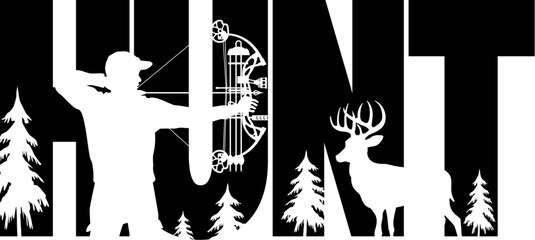 Silhuette of Bowhunter aiming at Deer Buck