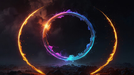 A fantastic landscape with a neon circle. Dark background.