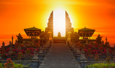 Pura Besakih temple on the slopes of Mount Agung largest and holiest temple at sunset - Bali, Indonesia