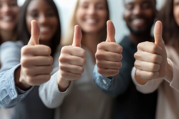 Close up of group of diverse people showing raised thumbs at camera as gesture of recommendation or good choice. Professional multicultural team demonstrates satisfaction , ai