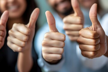 Close up of group of diverse people showing raised thumbs at camera as gesture of recommendation or good choice. Professional multicultural team demonstrates satisfaction , ai