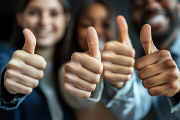 Close up of group of diverse people showing raised thumbs at camera as gesture of recommendation or good choice. Professional multicultural team demonstrates satisfaction , ai