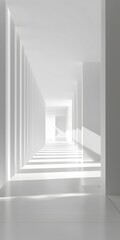 Fototapeta premium A serene, minimalist corridor with clean white walls and floor, illuminated by natural light creating a play of shadows from evenly spaced vertical slats, extending towards a bright exit.