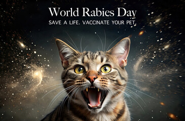 Aggressive cat can bite, splashes dangerous infected saliva . Danger of infection, the bite and saliva of sick pets transmits the rabies virus. International Rabies Day.