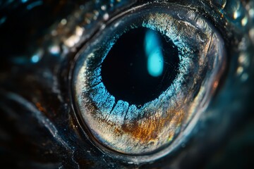 Macro shot of the eye of a deep-sea hatchetfish, reflecting faint bioluminescent light. High-resolution, detailed textures, crisp focus