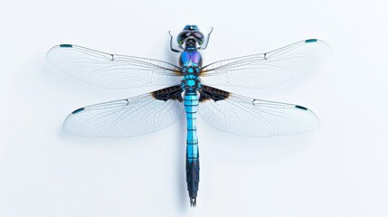 Dragonfly with clear wings, isolated on a plain background, lots of space for text, showcasing the intricate wing structure and vibrant colors