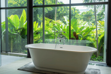 Fototapeta premium White Bathtub Near a Window With Green Tropical Plants
