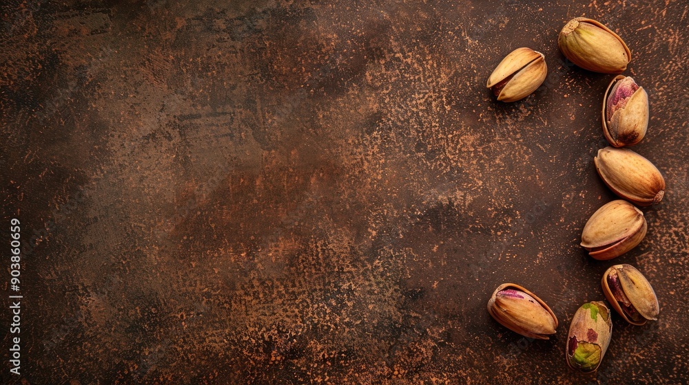 Poster brown background with macro shot of pistachio without shells