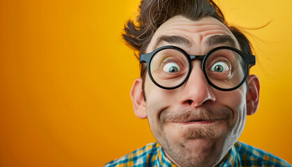 Close-up portrait of a young man with exaggerated facial expression, wearing glasses and a plaid shirt, against a yellow background, suitable for backgrounds and humorous themes