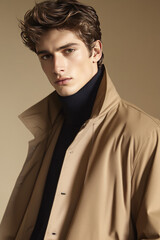 Young man wearing a stylish beige jacket over a black turtleneck, exuding confidence in a neutral-toned setting, in quiet luxury style