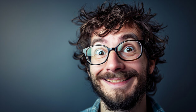 Close-up portrait of a young man with messy hair, glasses, and a goofy expression, set against a dark background, suitable for backgrounds and humorous themes