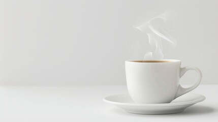 Elegant espresso cup and saucer, isolated on a plain white background, steam rising, with plenty of space for copy text on the side
