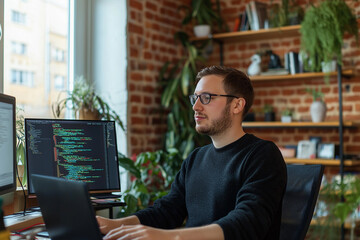 A software developer coding in a minimalist, open-plan office