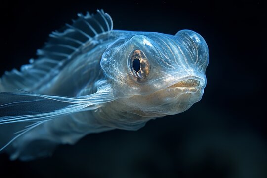 Close-up of a snailfish, its gelatinous body nearly invisible against the deep-sea backdrop. High-resolution, detailed textures, crisp focus