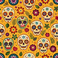Day of the dead seamless pattern with skulls and flowers on red background. Traditional mexican Halloween design for Dia De Los Muertos holiday party. 
