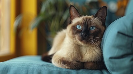 Siamese Cat Resting on a Blue Couch