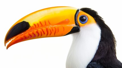 Fototapeta premium Exotic toucan with a strikingly colorful beak, isolated white background, ideal for text space