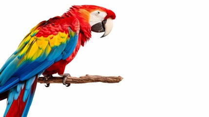 Fototapeta premium Exotic parrot with rainbow plumage on a branch, isolated background, ample copy space, perfect for commercial use, high contrast