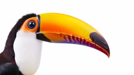 Naklejka premium Exotic toucan with a strikingly colorful beak, isolated white background, ideal for text space