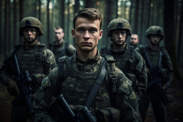 Fototapeta premium Modern soldiers fully equipped and facing the camera in military formation generative ai