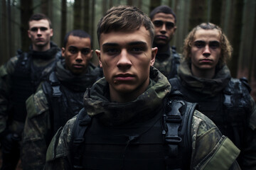 Fototapeta premium Modern soldiers fully equipped and facing the camera in military formation generative ai