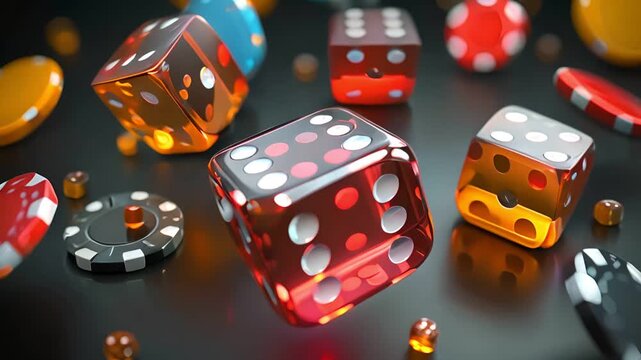 Close up of dice and chips falling on a black surface.  A red dice with white dots is in focus in the foreground.  