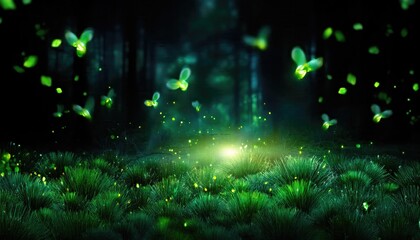 Obraz premium Flying firefly images, green background, Overly background, abstract Christmas lights, green particles background